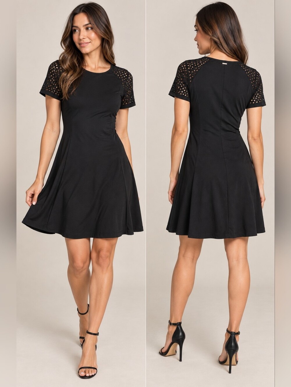 Armani Exchange Black Fit & Flare Dress Size S Eyelet Short Sleeve A-Line